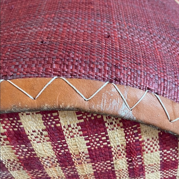 OOAK Gingham raffia and genuine leather giant Red and Tan Checkered Tote Bag - Picture 8 of 13